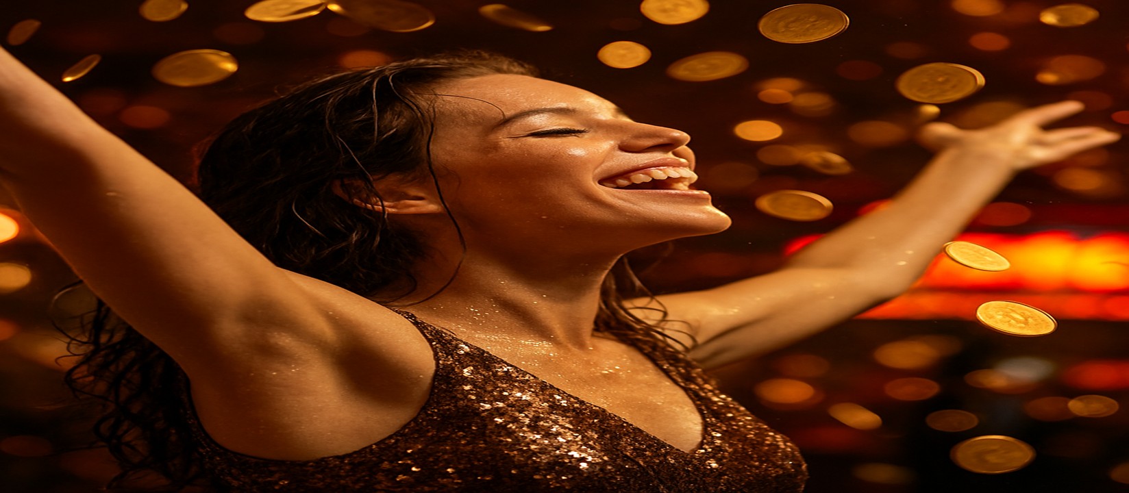 এভিয়েটর গেমে জয়ের আনন্দে উচ্ছ্বাসিত এক নারী, চারপাশে উড়ে ছড়িয়ে পড়া স্বর্ণমুদ্রা