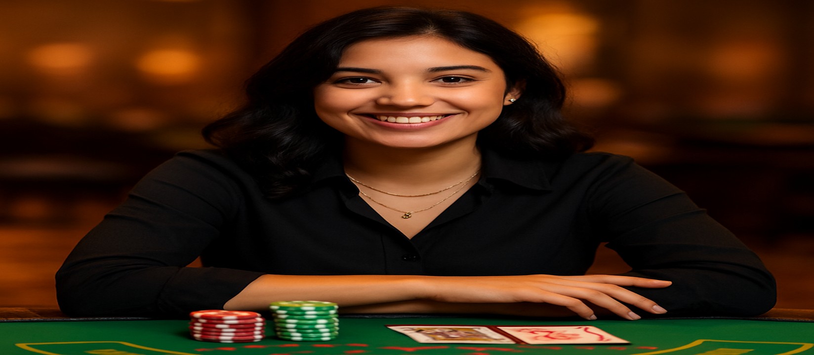 একটি হাসিখুশি নারী উপস্থাপিকা খেলার প্ল্যাটফর্মের কার্ড টেবিলে বসে সামনে ডিজিটাল টোকেন ও কার্ড রাখেন, বিস্তৃত খেলার সম্ভার প্রস্তাব করেন good11