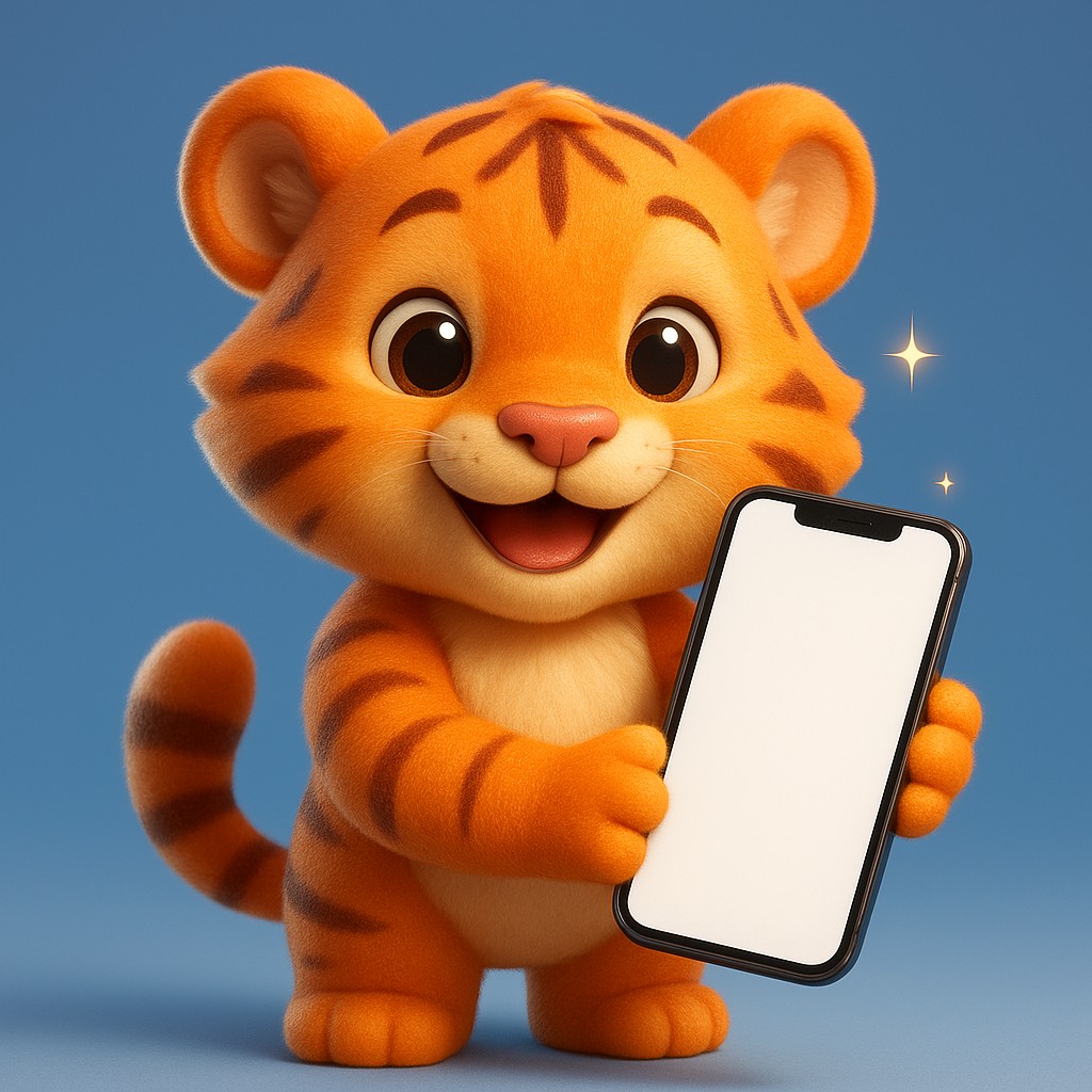 স্মার্টফোনে good11 অ্যাপ ব্যবহার করে এমন একটি কার্টুন বাঘশাবক