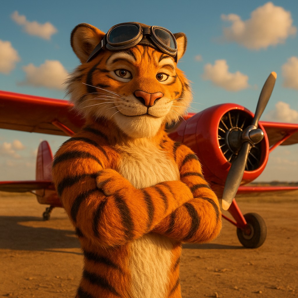 এভিয়েটর গেমটির প্রতীক হিসেবে লাল বিমানের পাশে দাঁড়িয়ে থাকা এক টাইগার পাইলট