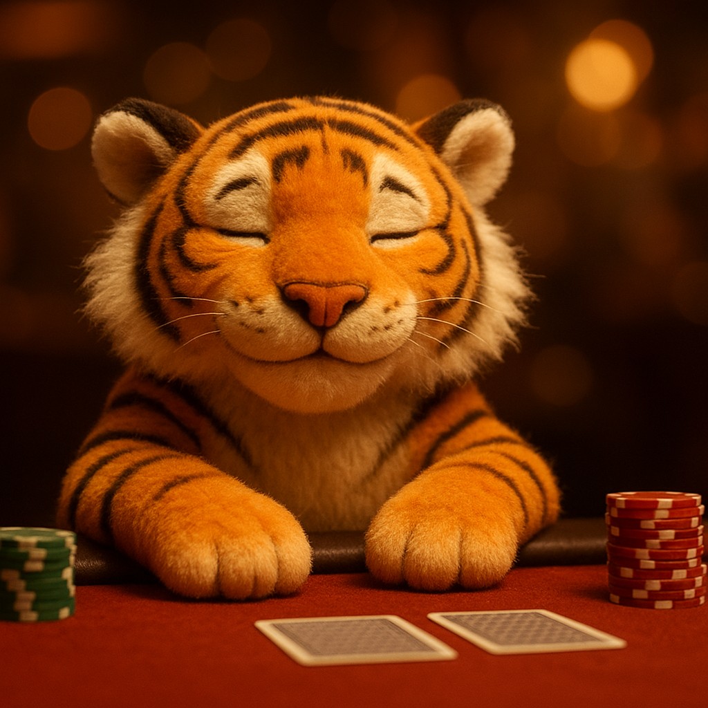 good11 গেমিং প্ল্যাটফর্মে টেবিল-ভিত্তিক খেলার মাঝে চিপসসহ হাসিখুশি একটি টাইগার শাবক