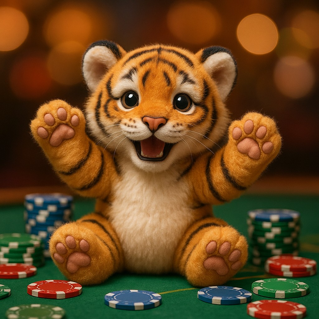 একটি ছোট বাঘের শাবক একটি টেবিলে বসে আছে, সামনে খেলার ডিজিটাল টোকেনগুলো ছড়িয়ে রয়েছে