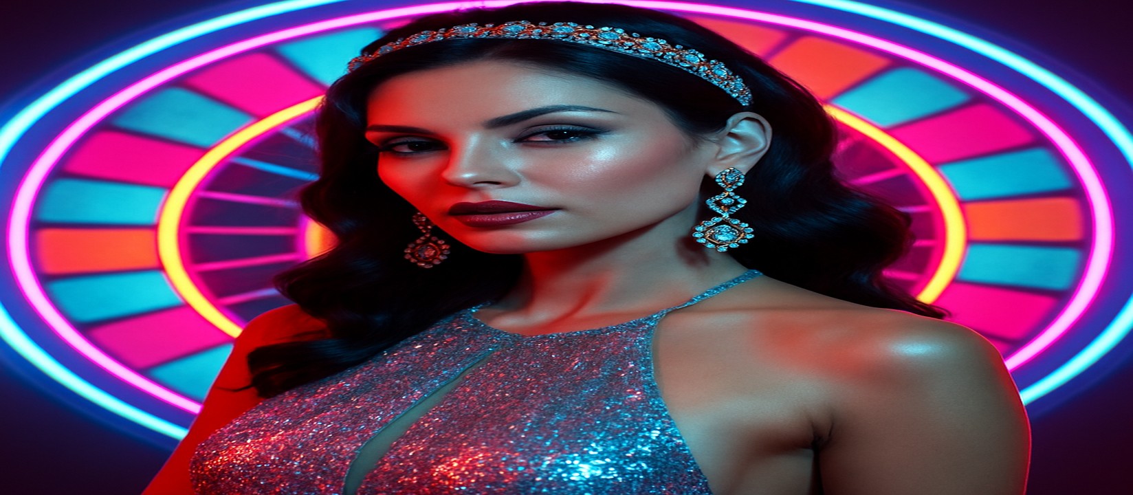 রঙিন গেমিং প্ল্যাটফর্ম চাকার সামনে উজ্জ্বল পোশাকে এক নারী