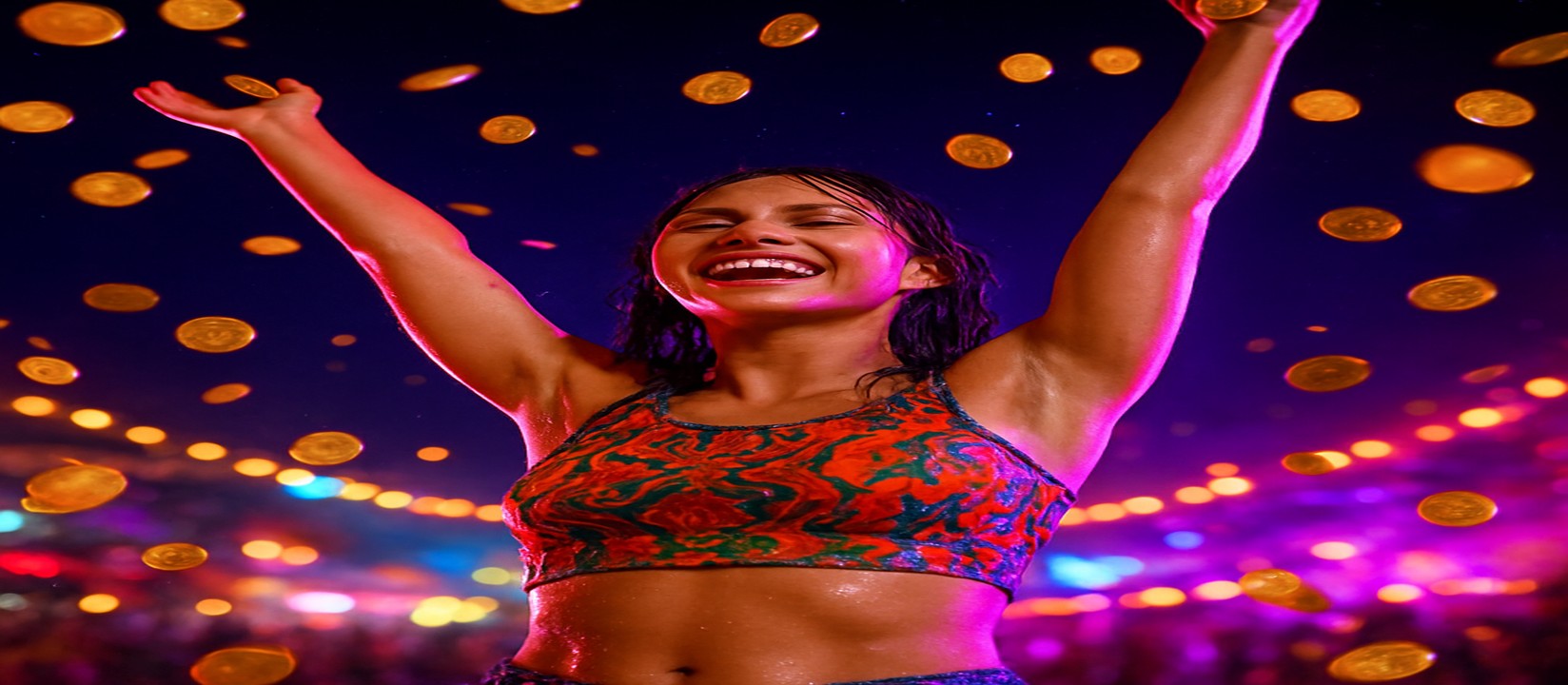 মুদ্রার ঝরনার মাঝে রঙিন পোশাকে এক নারী