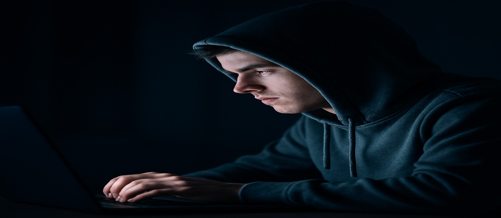 আঁধার ঘরে ল্যাপটপে মনোযোগ দিয়ে good11 ওয়েবসাইটে অনলাইন গেম খেলছেন একজন ব্যক্তি